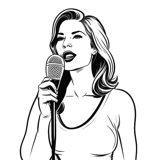 Line art drawing of a woman, representing Renee Paquette, holding a microphone in front of a WWE Raw logo.