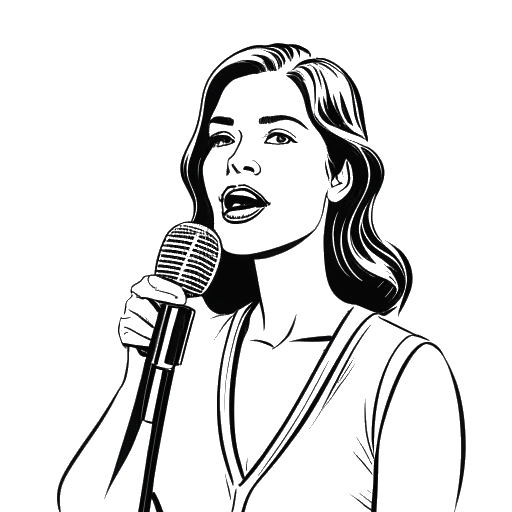 Desenho em arte de linha de uma mulher, representando Renee Paquette, segurando um microfone na frente de um logotipo da AEW.