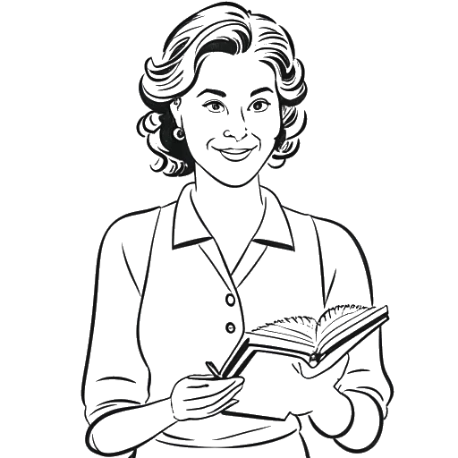 Desenho em arte de linha de uma mulher, representando Renee Paquette, segurando um livro de receitas.