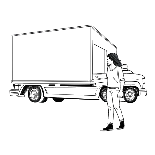 Line art drawing of a woman, representing Renee Paquette, standing in front of a moving truck.