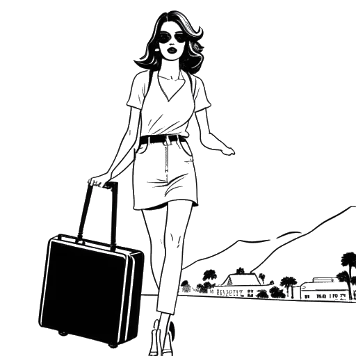 Line art drawing of a young woman, representing Renee Paquette, with a suitcase in front of the Hollywood sign.