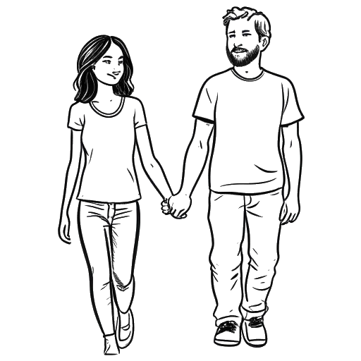 Line art drawing of a woman and man, representing Renee Paquette and Jon Moxley, holding hands.