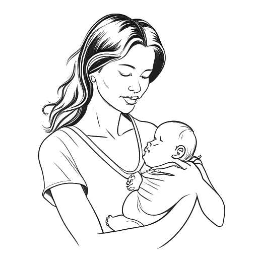 Desenho em arte de linha de uma mulher, representando Renee Paquette, segurando um bebê.