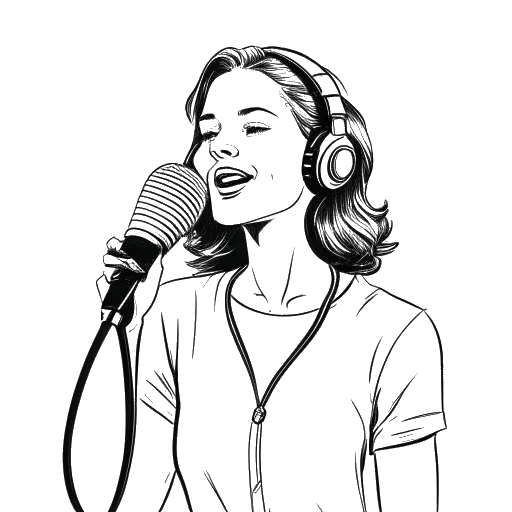 Line art drawing of a woman, representing Renee Paquette, holding a microphone in a recording studio.