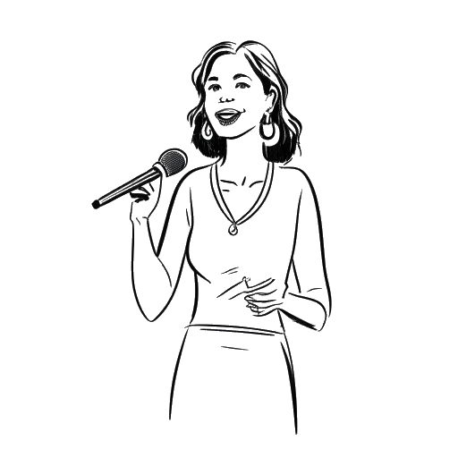 Line art drawing of a woman, representing Renee Paquette, hosting a show.