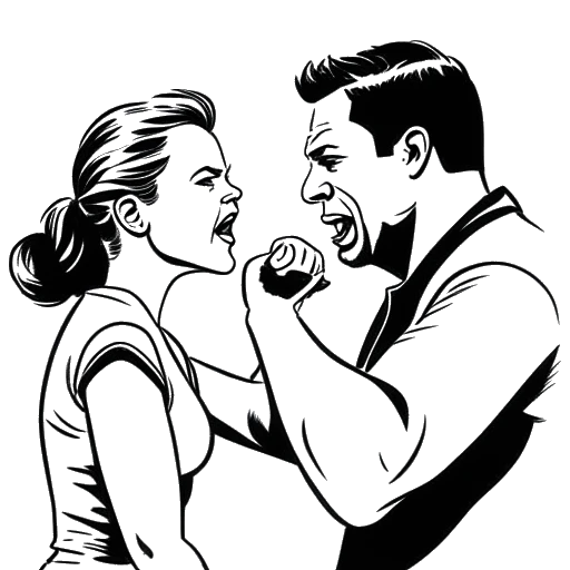 Desenho em arte de linha de uma mulher, representando Renee Paquette, dando um tapa em um homem, representando The Miz.