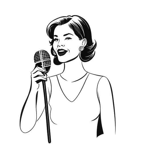 Desenho em arte de linha de uma mulher, representando Renee Paquette, segurando um microfone na frente de uma tela de televisão exibindo o logotipo da The Score Television Network.