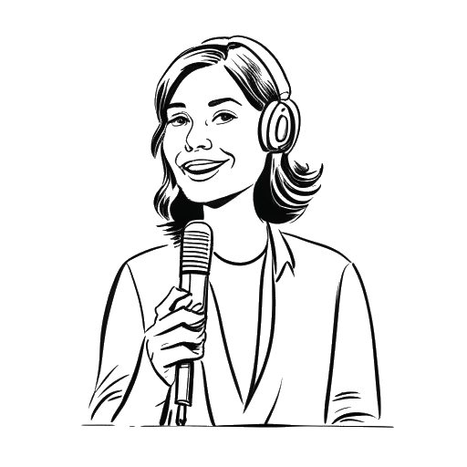 Line art drawing of a woman, representing Renee Paquette, hosting a talk show.