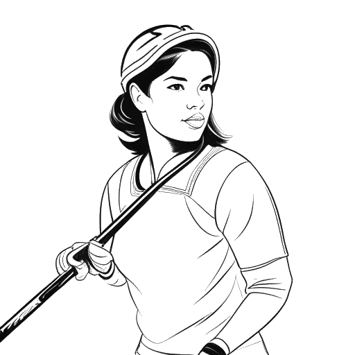 Desenho em arte de linha de uma mulher, representando Renee Paquette, segurando um taco de hóquei em frente a um logotipo do Vegas Golden Knights.