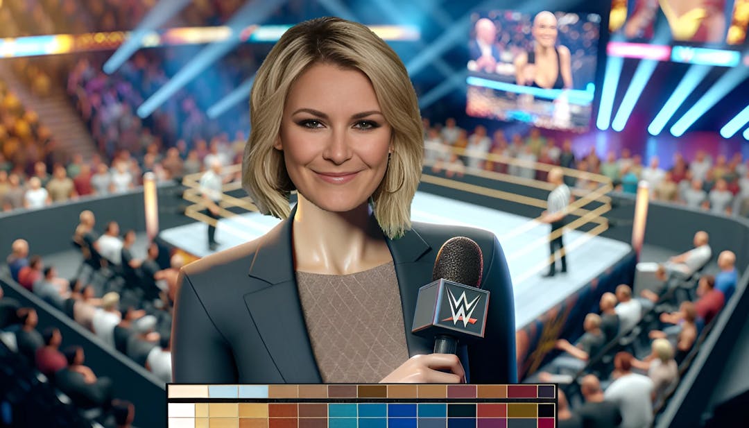 Renee Paquette, raffigurata come un'intervistatrice di wrestling dinamica e professionale, con una scena del ring di wrestling e il fascino di Las Vegas sullo sfondo