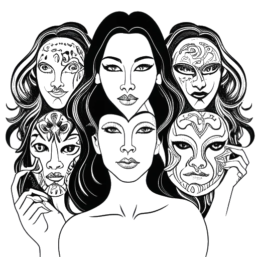 Lijn kunsttekening van Anna-Maria Sieklucka die meerdere maskers vasthoudt, wat haar wens om diverse personages te spelen vertegenwoordigt.