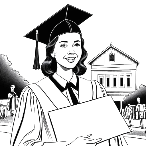 Line art drawing of Anna-Maria Sieklucka in graduation attire, holding a diploma, representing her graduation from the AST National Academy of Theatre Arts.
