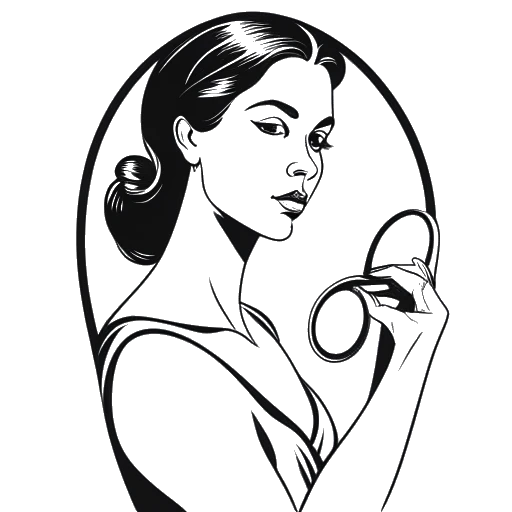 Line art drawing of Anna-Maria Sieklucka holding a mirror, reflecting an image of strength and independence, representing her values.
