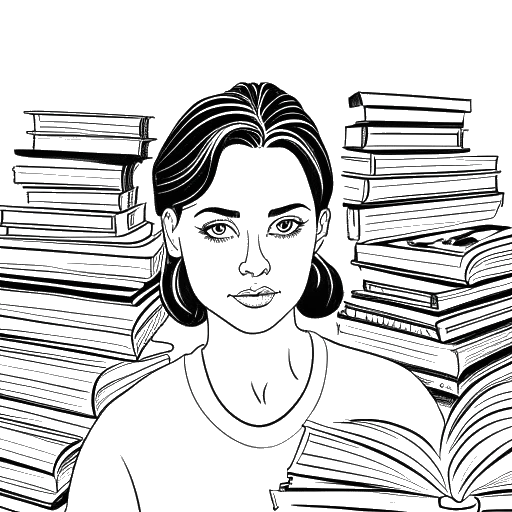 Desenho de linha de Anna-Maria Sieklucka cercada por livros, representando sua fluência em vários idiomas e determinação.