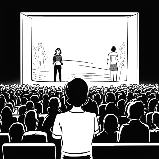 Line art drawing of Anna-Maria Sieklucka standing in front of a movie screen, representing '365 Days' becoming the most-watched Netflix film in 2020.