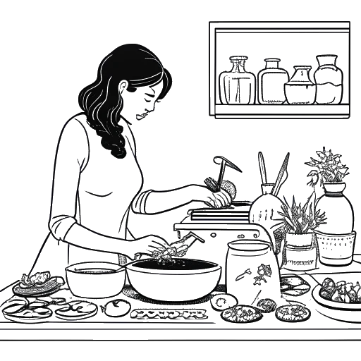 Lijn kunsttekening van Anna-Maria Sieklucka die kookt in een keuken, omringd door verschillende kruiden, wat haar persoonlijke interesses vertegenwoordigt.