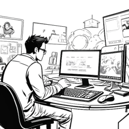 Line art drawing of a man, representing SsethTzeentach, engrossed in creating diverse content. Screens around him display his reviews of games like Kenshi, Space Station 13, and Starsector, each screen drawing attention from developers. The illustration is in black and white on a white backdrop.