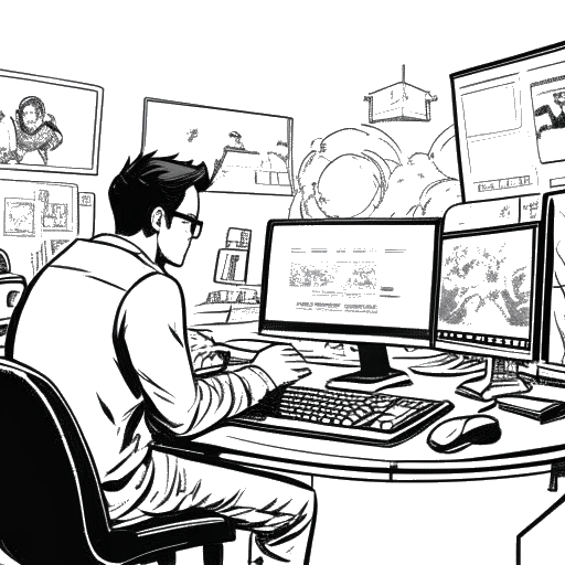 Desenho artístico de um homem, representando SsethTzeentach, absorto na criação de conteúdo diversificado. Telas ao seu redor exibem suas análises de jogos como Kenshi, Space Station 13 e Starsector, sendo que cada tela chama atenção dos desenvolvedores. A ilustração é em preto e branco em um fundo branco.