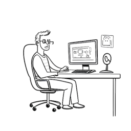 Line art drawing of a man, representing SsethTzeentach, with a cheerful expression as he resigns from a medical office in 2019. In the background, a computer screen displays YouTube analytics, and a stethoscope hangs on the chair. The scene is captured in black and white on a white backdrop.