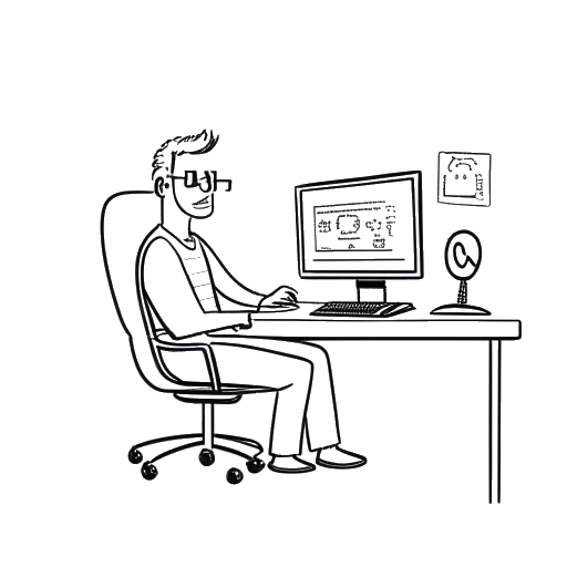 Dessin en noir et blanc d'un homme, représentant SsethTzeentach, avec une expression joyeuse alors qu'il démissionne d'un cabinet médical en 2019. À l'arrière-plan, un écran d'ordinateur affiche les statistiques YouTube, et un stéthoscope est accroché à la chaise. La scène est capturée sur un fond blanc.