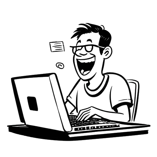 Line art drawing of a man representing SsethTzeentach, laughing at a computer screen with '4Chan' written on it, surrounded by speech bubbles with satirical text on a white background