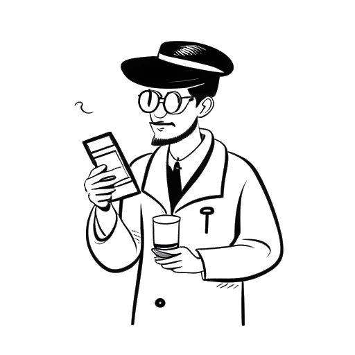 Desenho em arte linear de um homem representando SsethTzeentach, usando um chapéu de formando, segurando um frasco de comprimidos e um livro rotulado como 'Imunologia', em um fundo branco