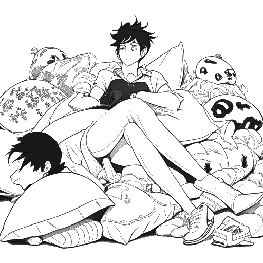 Lijntekening van een man die SsethTzeentach vertegenwoordigt, omringd door lichaamskussens met anime karakters Astolfo, Hideri Kanzaki en Felix Argyle op een witte achtergrond