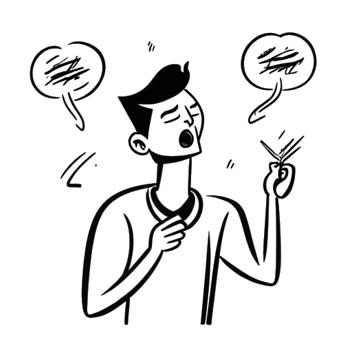 Dibujo de línea de un hombre que representa a SsethTzeentach, sosteniendo un rayo con globos de texto a su alrededor en un fondo blanco