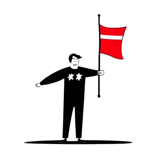 Line art drawing of a man representing SsethTzeentach, standing in front of a Danish flag with a humor scale on a white background