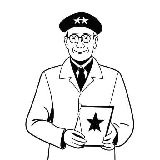 Line art drawing of a man representing SsethTzeentach, holding a German flag and a Russian passport, with a Star of David pendant, on a white background