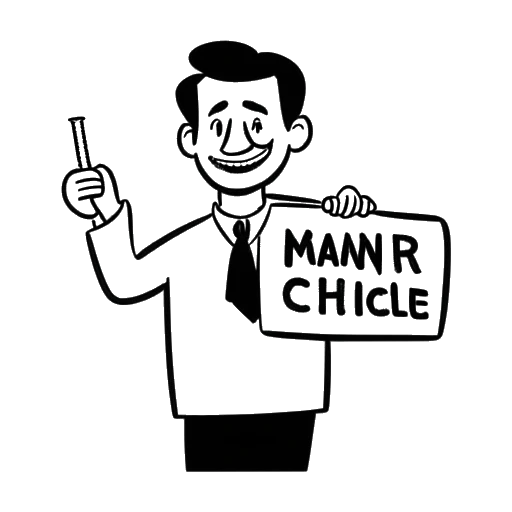 Line art drawing of a man representing SsethTzeentach, holding a sign labeled 'Manchild' with a playful expression on a white background