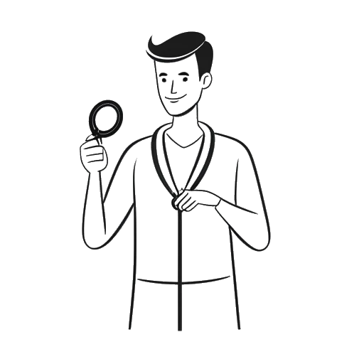 Dibujo de línea de un hombre que representa a SsethTzeentach, sosteniendo un estetoscopio en una mano y un botón de reproducción de YouTube en la otra en un fondo blanco