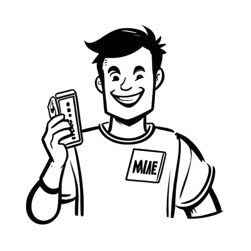 Desenho em arte linear de um homem representando SsethTzeentach, segurando um cartucho de videogame retrô rotulado como 'Might & Magic VI', com um sinal de positivo, em um fundo branco