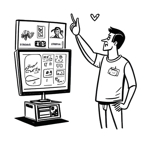 Strichzeichnung eines Mannes, der SsethTzeentach darstellt, der auf einen Fernsehbildschirm zeigt, auf dem 'NSFW' und verschiedene Symbole zu sehen sind, auf weißem Hintergrund