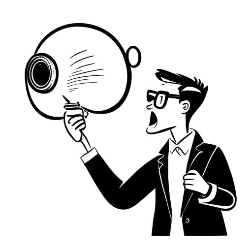 Dibujo de línea de un hombre que representa a SsethTzeentach, sosteniendo un megáfono con globos de texto satírico sobre temas sensibles en un fondo blanco