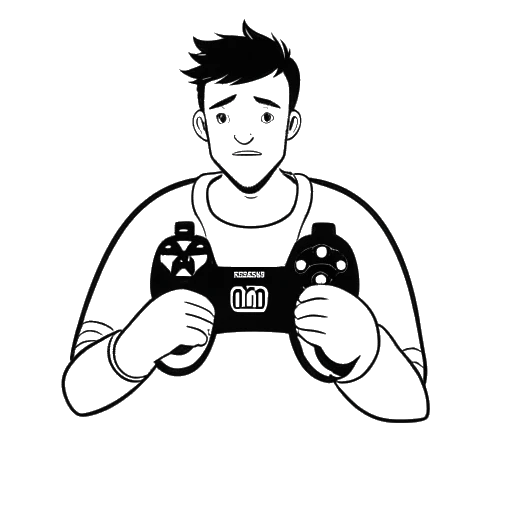 Dibujo de línea de un hombre que representa a SsethTzeentach, sosteniendo un mando de juego, con un personaje de juego etiquetado como 'SYNTHETIK' en un fondo blanco