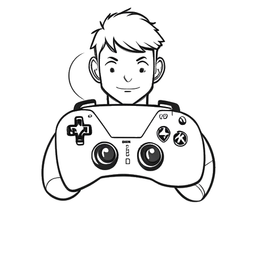 Line art drawing of a man representing SsethTzeentach, holding a YouTube play button, with game controllers and a League of Legends logo on a white background