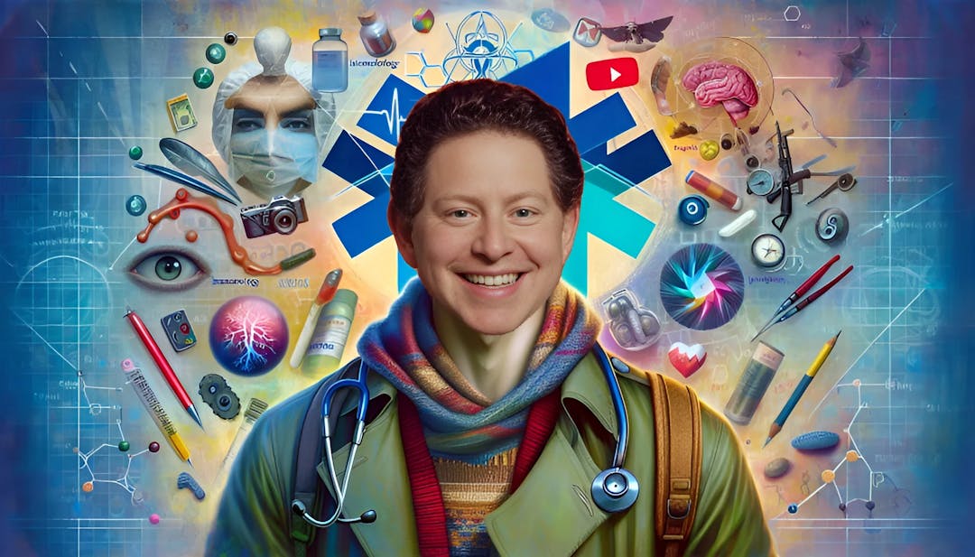 SsethTzeentach, a bald light-skinned male gazing directly at the camera, surrounded by a blend of medical and gaming symbols in vibrant colors, embodying a mix of intellect and controversial humor.