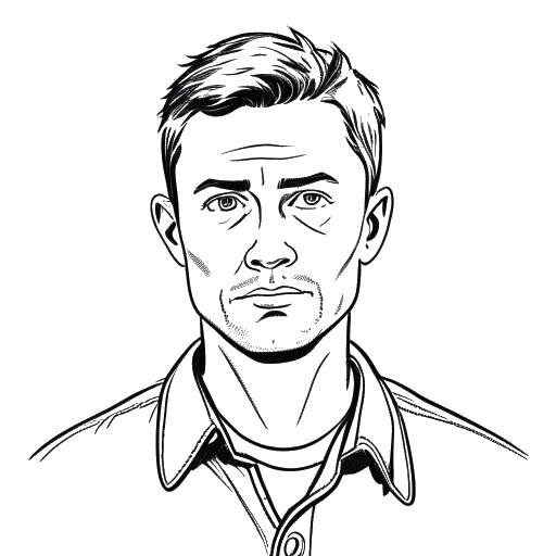 Line art drawing of a man, representing Chester Bennington, with short hair in casual attire, his expression showing determination.