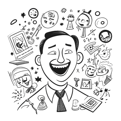 Line art drawing of a man, representing Chester Bennington, with a playful expression. Symbols representing music, humor, and family surround him.