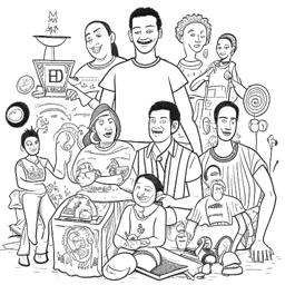 Desenho de arte linear de um homem com sua família, representando Chester Bennington, desfrutando de momentos de qualidade juntos. Símbolos representando música, esportes e ativismo os cercam.