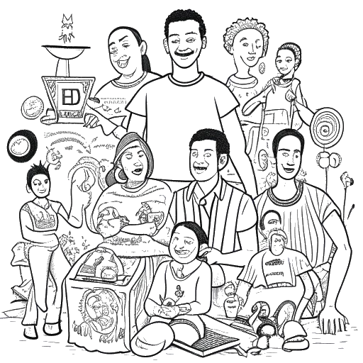 Line art drawing of a man with his family, representing Chester Bennington, enjoying quality time together. Symbols representing music, sports, and activism surround them.