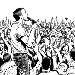 Line art drawing of a man performing on stage, representing Chester Bennington, holding a microphone. He is surrounded by a crowd of enthusiastic fans.