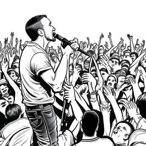 Dibujo de línea de un hombre actuando en el escenario, que representa a Chester Bennington, sosteniendo un micrófono. Está rodeado por una multitud de fanáticos entusiastas.