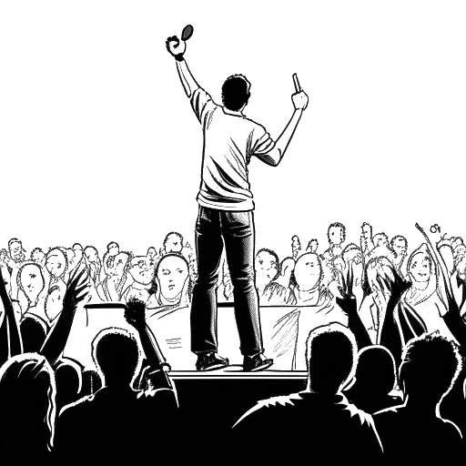 Line art drawing of a man representing Chester Bennington, standing on a stage, confidently holding a microphone with a cheering crowd in the background.