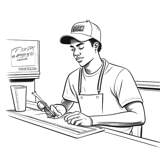 Line art drawing of a young Chester Bennington, working at a fast food counter, wearing a Burger King uniform, with a sketchbook containing graphic designs visible next to him.