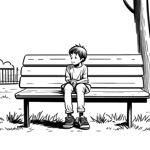 Line art drawing of a young Chester Bennington, with a sad expression, sitting alone on a bench, representing his struggles during childhood.