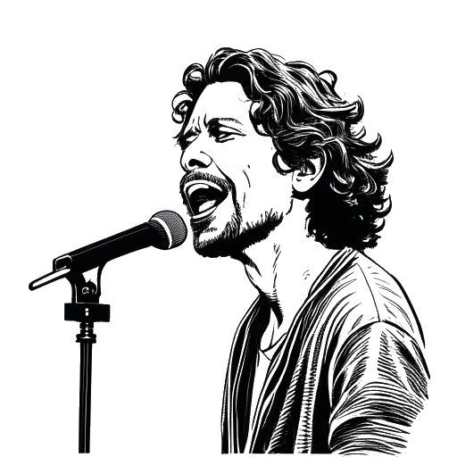 Line art drawing of Chester Bennington, singing at Chris Cornell's funeral, representing their close friendship.