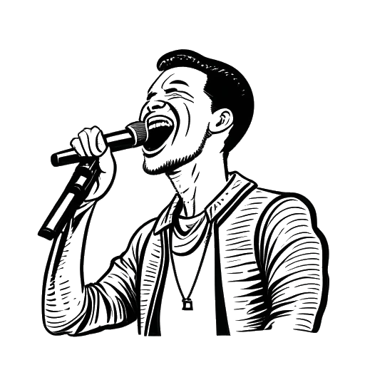 Dessin en ligne de Chester Bennington, chantant dans un microphone, avec les mots 'Friendly Fire - Inédit' écrits sur une bannière en arrière-plan, représentant la chanson inédite de Linkin Park confirmée après son décès.