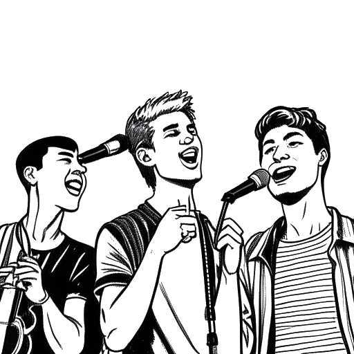 Desenho em arte linear de um jovem Chester Bennington, segurando um microfone e cantando, acompanhado por seus colegas de banda na Grey Daze.